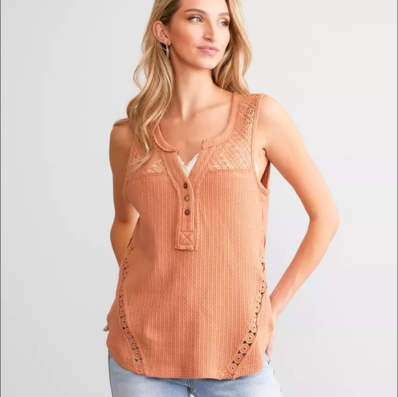 Miss Me Crochet Henley Tank Top Coral Sleeveless Button Up Sz Sm - Picture 9 of 9